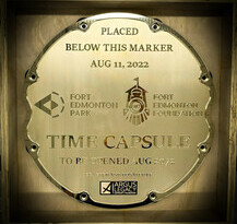 A close up of the plaque for the time capsule.